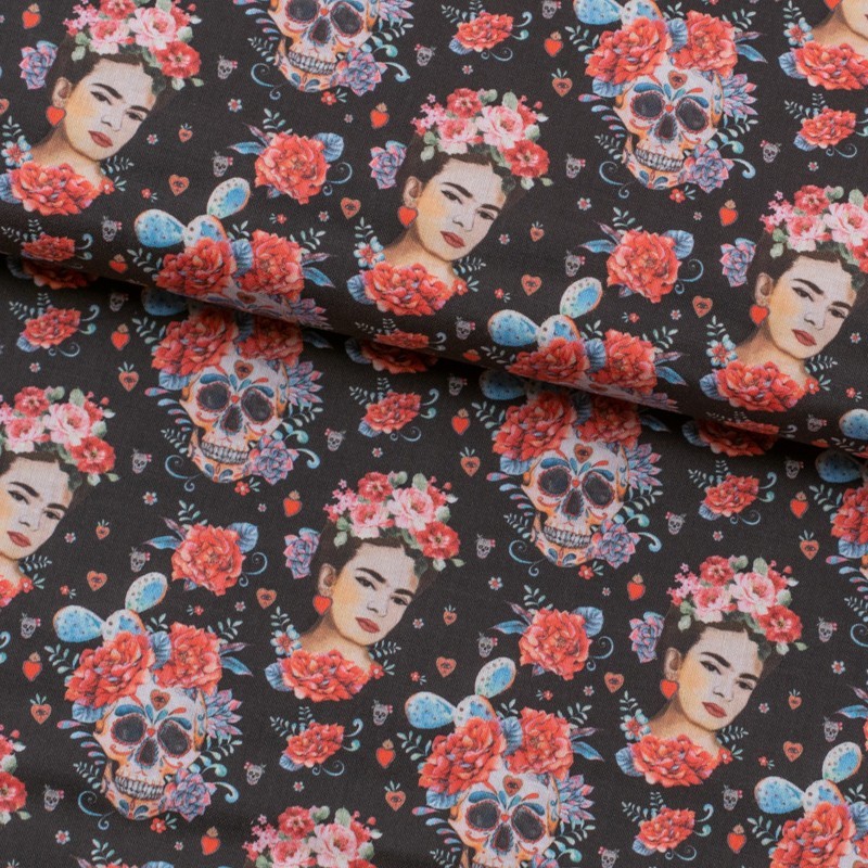 Tela de algodón Frida Kahlo y calaveras lomo Tela de algodón Frida Kahlo y calaveras lomo
