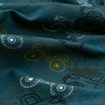Tela de punto camiseta tractores detalle