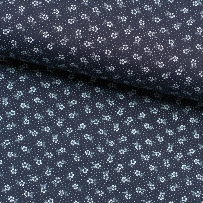 Tela de algodón flor y topos lomo azul marino