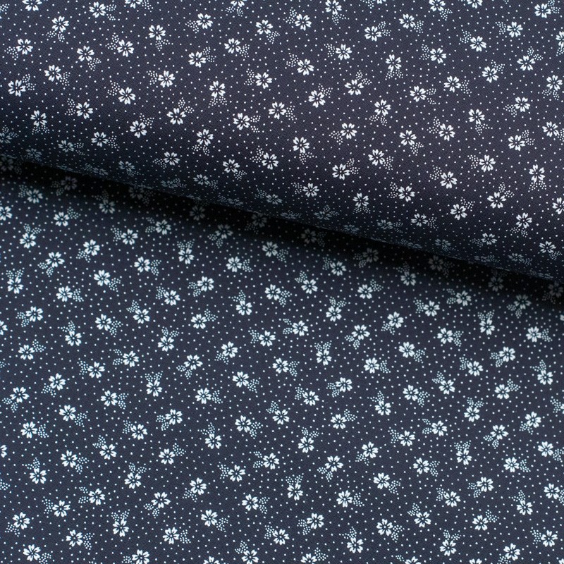 Tela de algodón flor y topos lomo azul marino