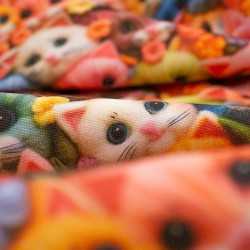 Tela de algodón gatitos entre flores detalle