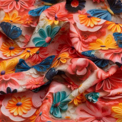Tela de algodón flores y mariposas textura