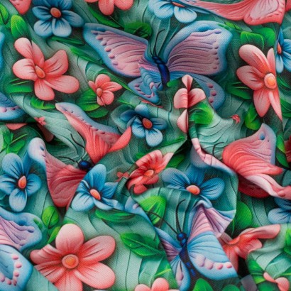Tela de algodón flores y mariposas textura