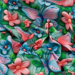 Tela de algodón flores y mariposas textura
