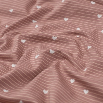 Tela de punto camiseta rayas y corazones textura