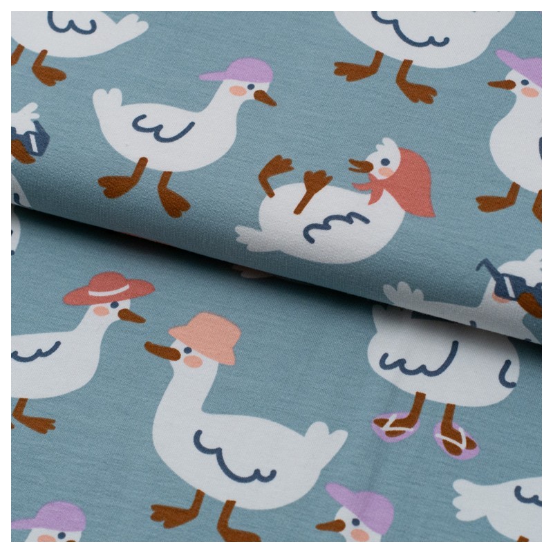 Tela de punto patos gallinas divertidas lomo