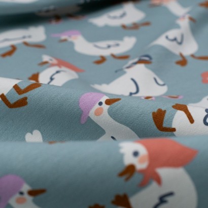 Tela de punto patos gallinas divertidas detalle