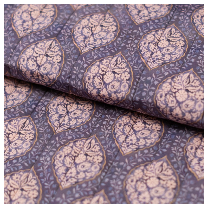 Tela acolchada reversible pajaros lomo azul añil